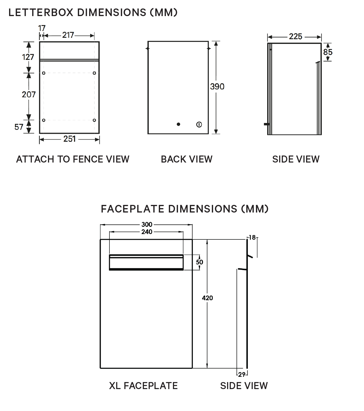 Behind the Fence Catcher - XL Faceplate Letterbox - Specs